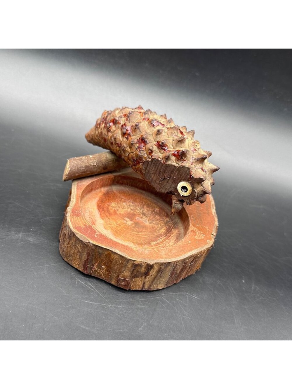 Vintage Bird Trinket Dish Wood Pine Cone Richardson Grove Lodge California
